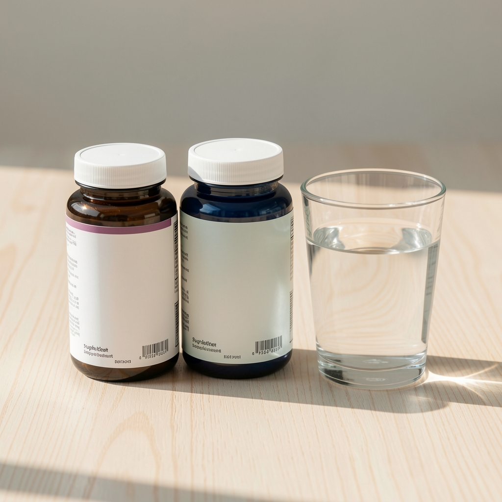 Supplement containers and a glass of water arranged on a pale wooden surface, morning light